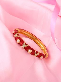 Estele - Gold Plated Elegant Red Enamel Pearl Studded Cuff Bracelet for Women